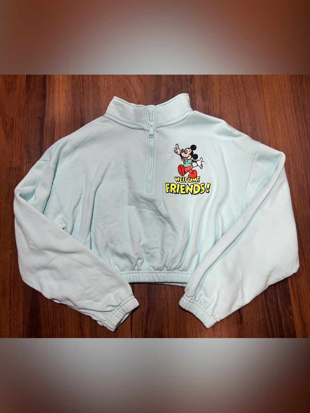 Mickey Mouse 'Welcome Friends' Light Mint Half-Zip Sweatshirt